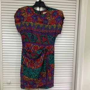 Rare Vintage 80s Floral Abstract Dress Bold Colorful Print Made In USA Retro Fit